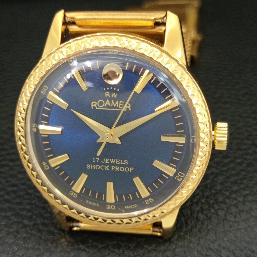 Vintage 1986 Roamer Manual Mens Gold Watch W/Metal Strap & Blue accents - Picture 3 of 9